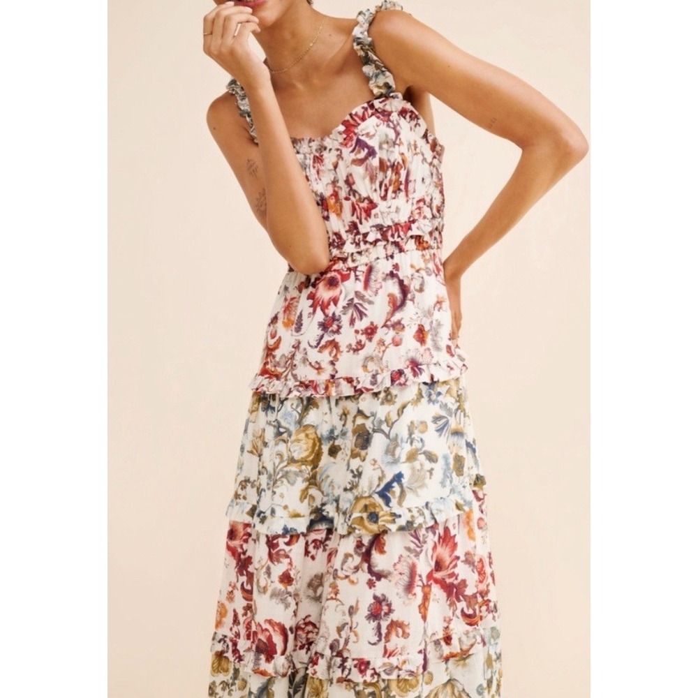 Anthropologie White Floral Tiered Maxi Dress with Red and Blue Accents - Picture 3 of 11